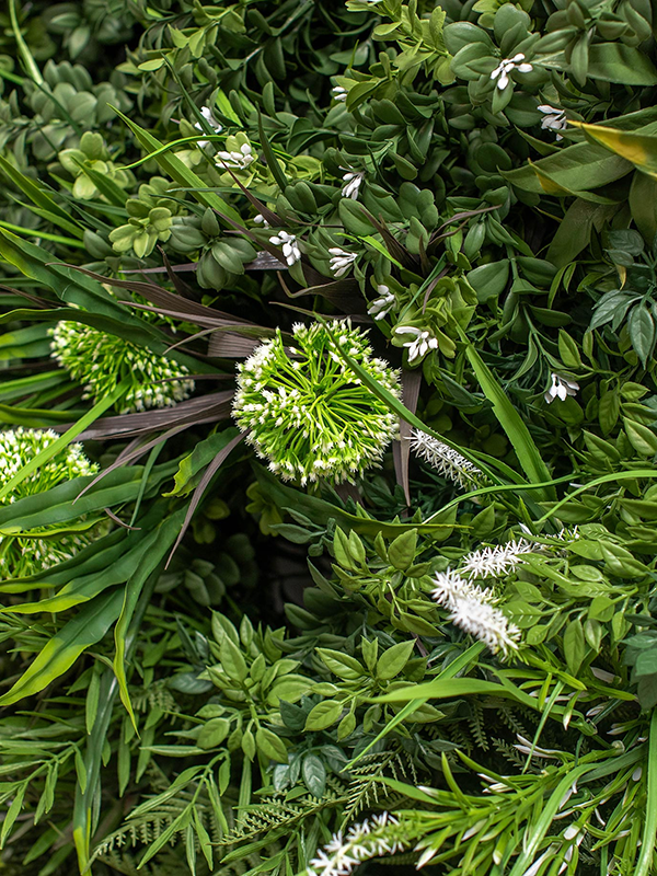 
                  
                    Panneau végétal artificiel Greenwall Melrose Mix UV et ignifuge — détail du feuillage
                  
                