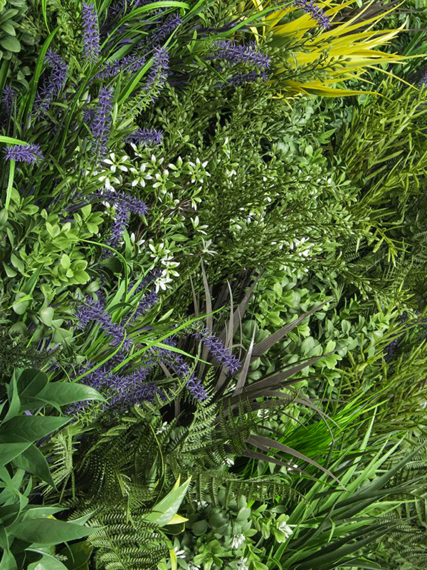 
                  
                    Panneau végétal artificiel Greenwall Chatton Mix UV et ignifuge — détail du feuillage
                  
                