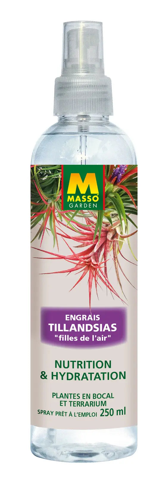 Engrais foliaire Tillandsias Massó Garden, spray prêt à l’emploi de 250 ml, flacon avec pulvérisateur sur fond blanc