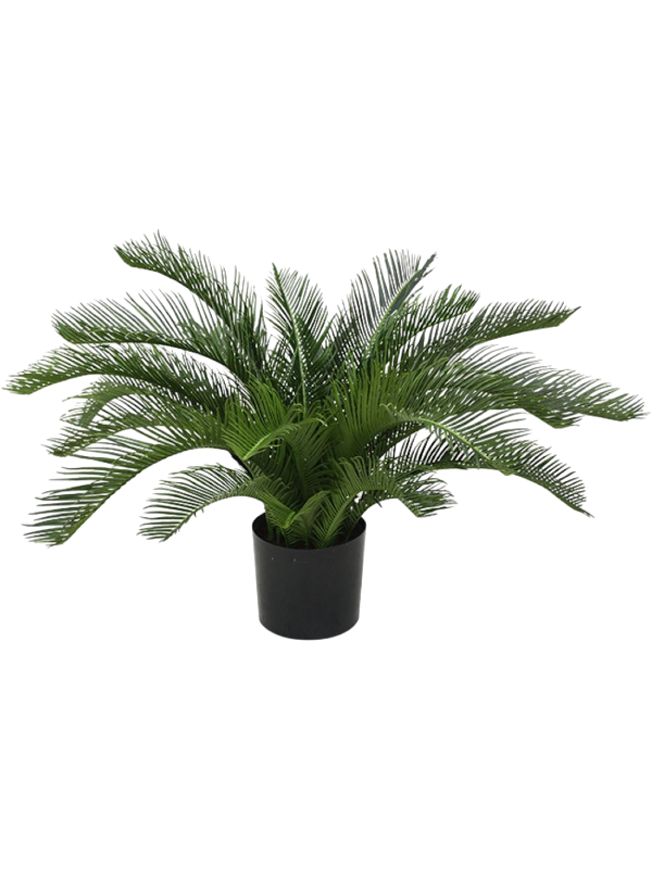 Cycas Palm Deluxe UV artificiel au feuillage vert en couronne, dans son pot de base noir