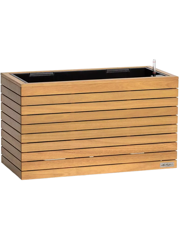 Jardinière Lechuza Palo en bois d’eucalyptus naturel, version basse hauteur 46 cm, longueur 79 cm.