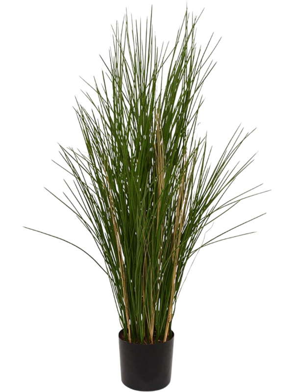 
                  
                    Grass UV artificiel, format de hauteur 118 cm, touffe élancée de brins verts dans un pot de base noir
                  
                