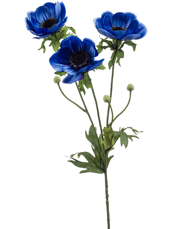 Anémone artificielle bleue, trois fleurs à cœur sombre sur une tige ramifiée de 75 cm, sans vase
