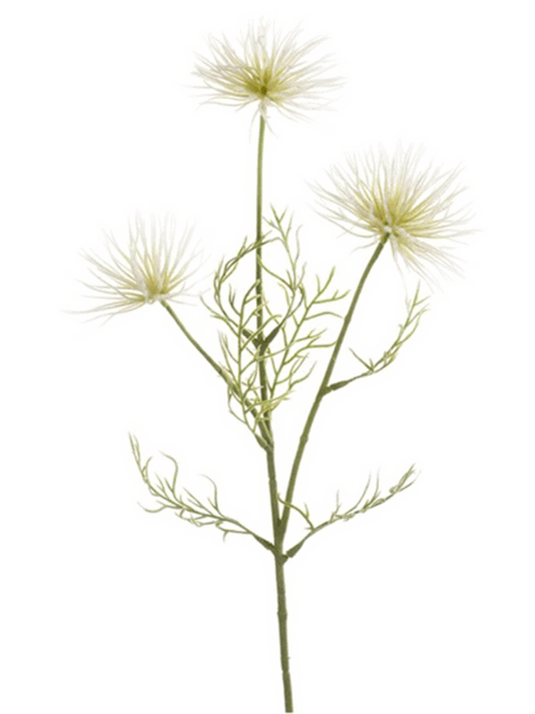 Anémone artificielle crème, trois têtes aériennes à filaments fins sur une tige ramifiée de 65 cm, sans vase