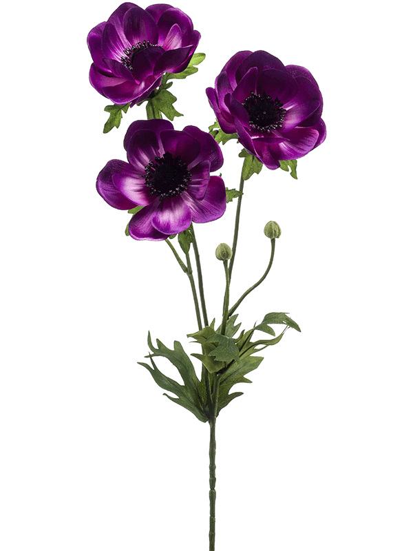 Anémone artificielle violette, trois fleurs à cœur sombre sur une tige ramifiée de 75 cm, sans vase