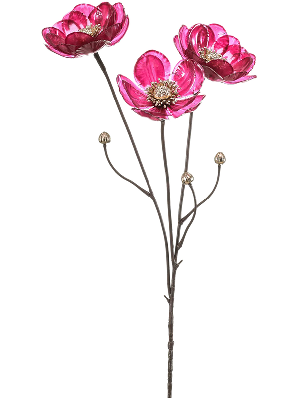 Anémone artificielle Fuchsia Glamour, trois fleurs rose vif aux cœurs clairs et petits boutons sur tige ramifiée de 75 cm