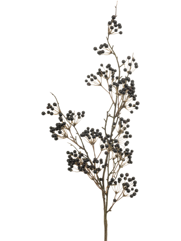 Branche artificielle de 80 cm, petites baies noires regroupées sur des rameaux fins brun grisé, sans vase