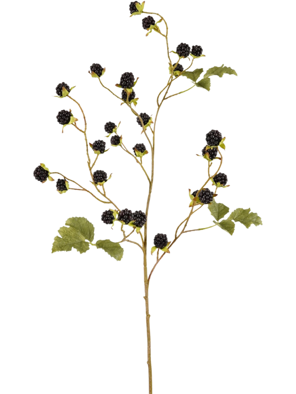 Branche de mûres artificielles noires de 100 cm avec feuilles vertes et rameaux fins, sans vase