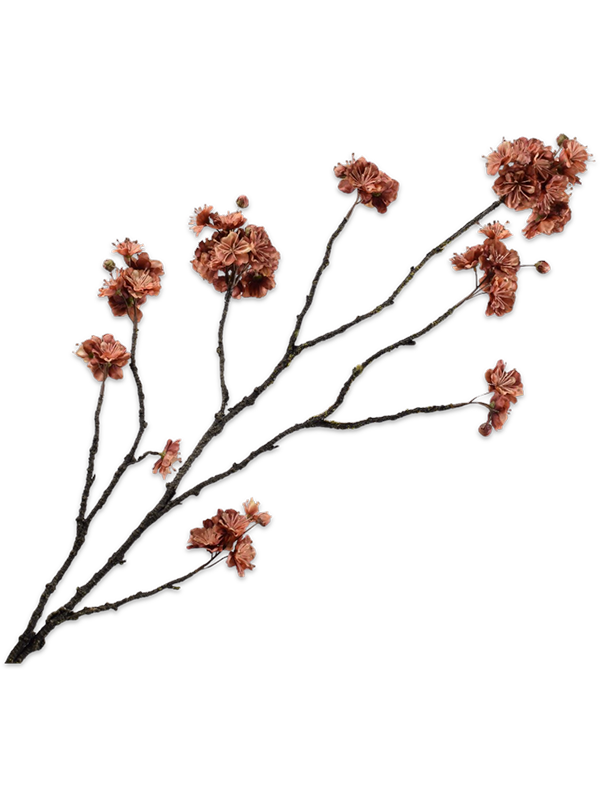 Branche fleurie artificielle Blossom Brown Silk-ka de 110 cm, fleurs cuivrées sur des rameaux bruns