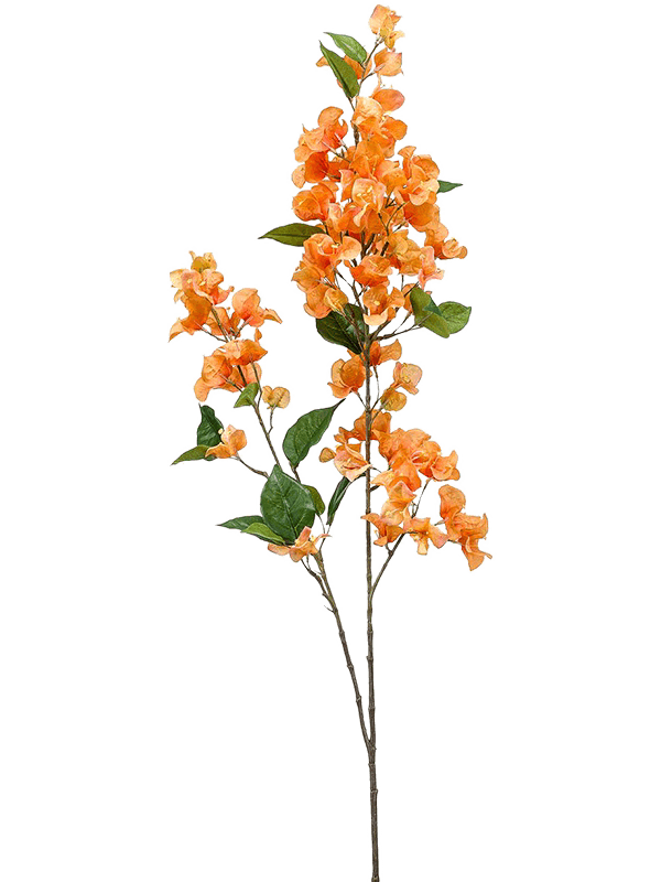 Branche de bougainvillier artificielle de 117 cm, floraison orange aux nuances jaunes et feuillage vert