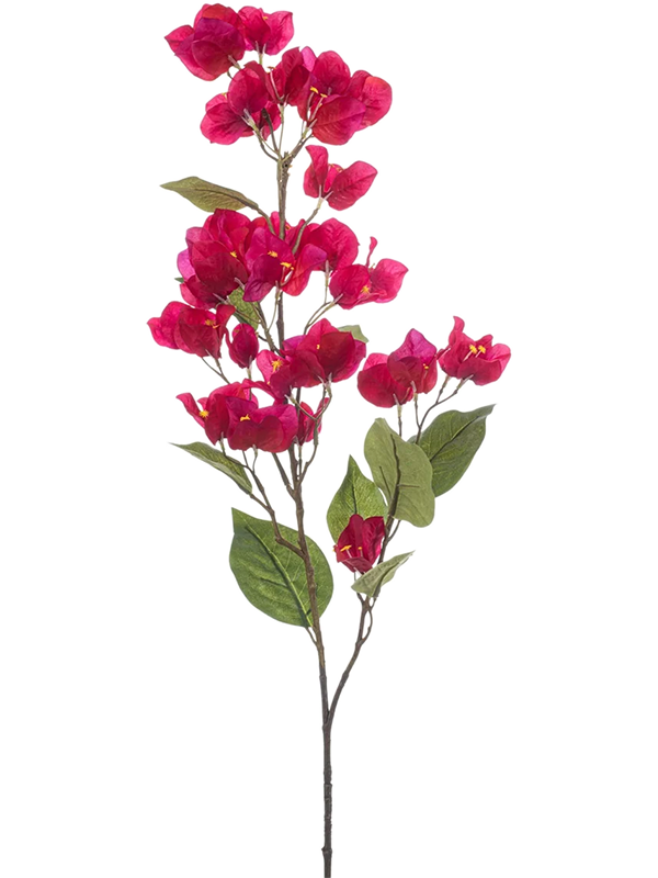 Branche de bougainvillier artificielle fuchsia de 85 cm, fleurs rose violacé et feuilles vertes sur une tige fine
