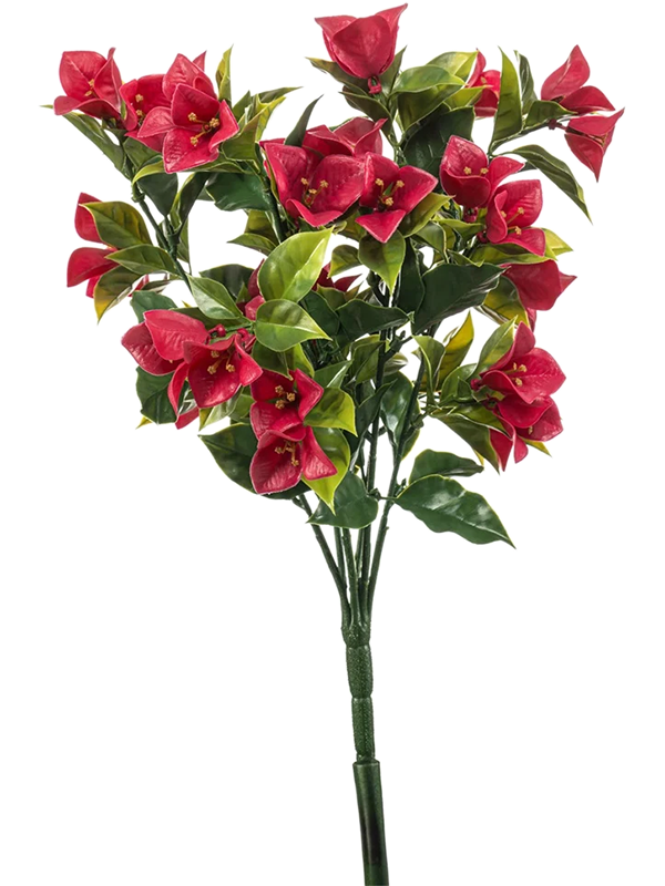 Bougainvillier artificiel compact Bush Red UV de 30 cm, fleurs rouges et feuillage vert sur une base à piquer