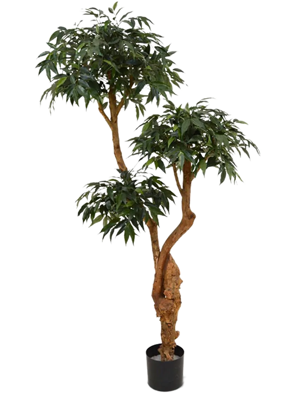 Shirakashi Bonsaï artificiel à trois couronnes de feuillage vert étagées, tronc sinueux et pot de base noir