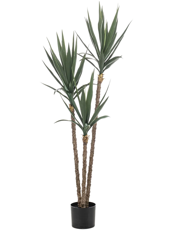 Yucca Bush UV artificiel, trois tiges texturées portant des feuilles vertes pointues dans un pot noir