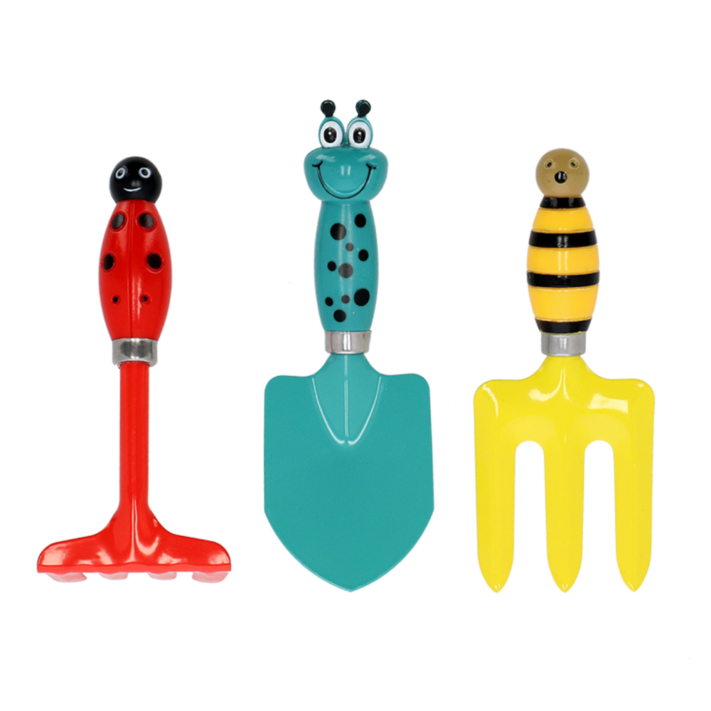 set de 3 outils de jardins pour enfant avec le manche en forme d'insectes, coccineles, limaces et abeilles