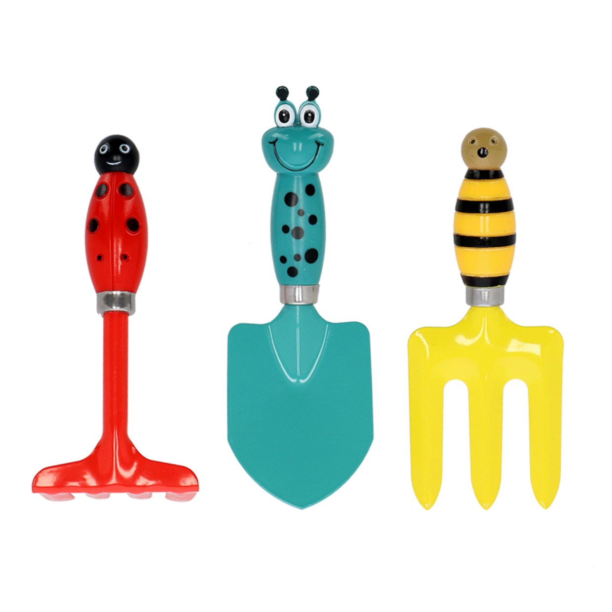 
                  
                    set de 3 outils de jardins pour enfant avec le manche en forme d'insectes, coccineles, limaces et abeilles
                  
                